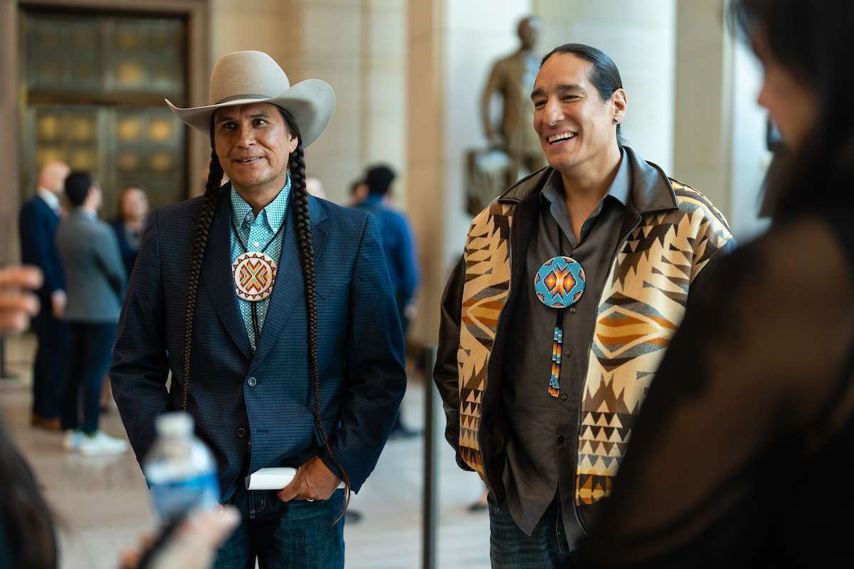 The Senate Indian Affairs Committee hosts a screening of the Paramount+ show “1923” at the Capitol Visitor Center on May 17, 2023. Actors Mo Brings Plenty, left, and Michael Spears, right, as well as Cole Brings Plenty spoke on a panel moderated by Deborah Parker, CEO of the National Native American Boarding School Healing Coalition.