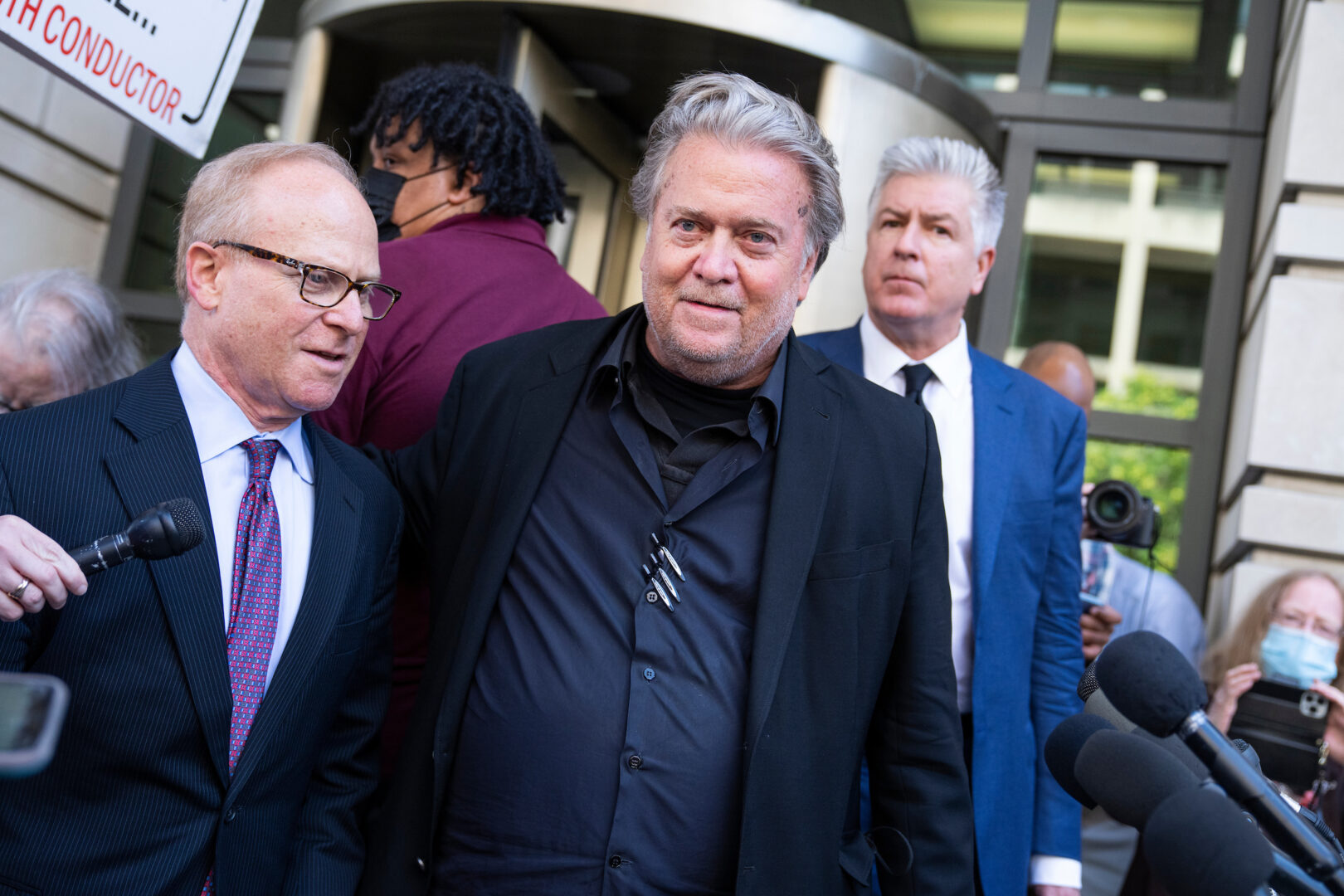 Steve Bannon, with his attorney David Schoen, left, is seen after being found guilty of contempt of Congress in 2022. 