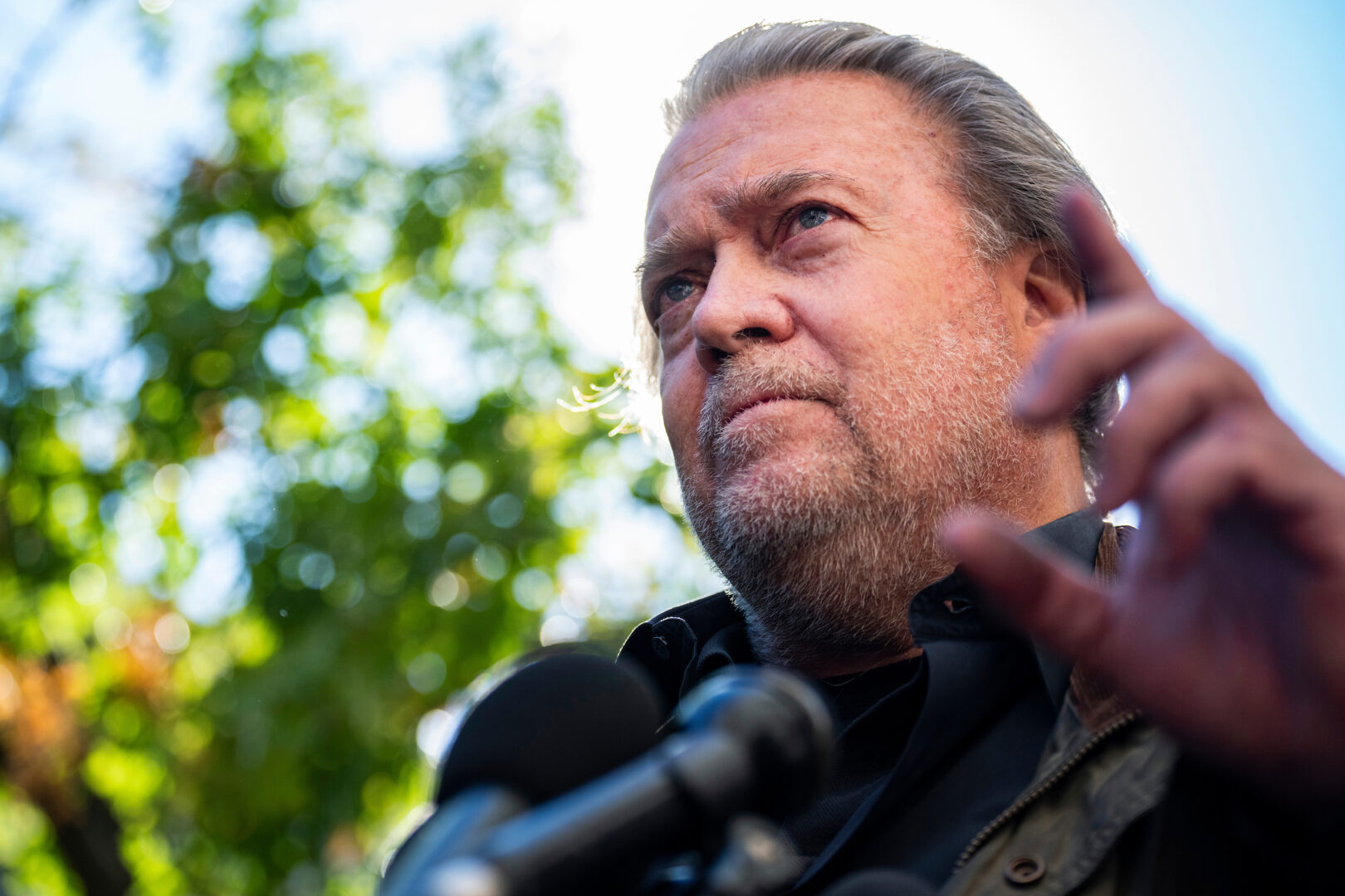 Steve Bannon, former adviser to President Donald Trump, addresses the media outside a federal court in Washington on Oct. 21, 2022, after being sentenced to four months in prison for defying a congressional subpoena. 