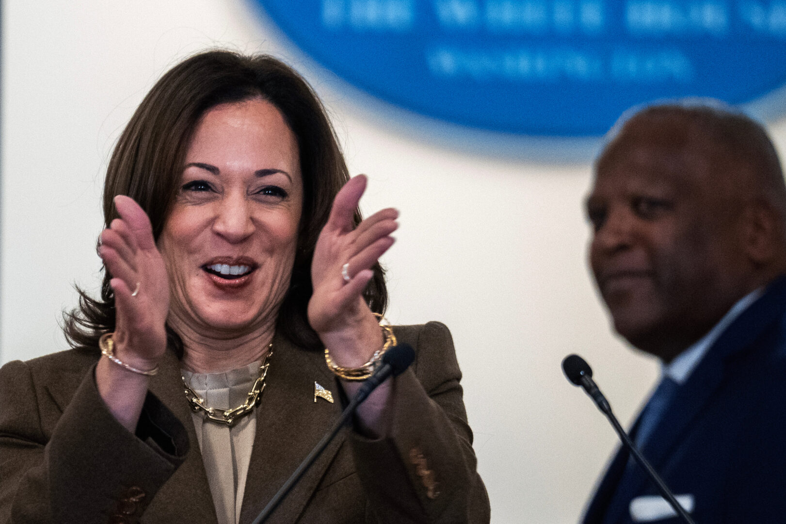 Vice President Kamala Harris addresses an event with descendants of civil rights leaders and abolitionists at the Eisenhower Executive Office Building on Tuesday. Stephen Benjamin, director of the Office of Public Engagement, also appears.