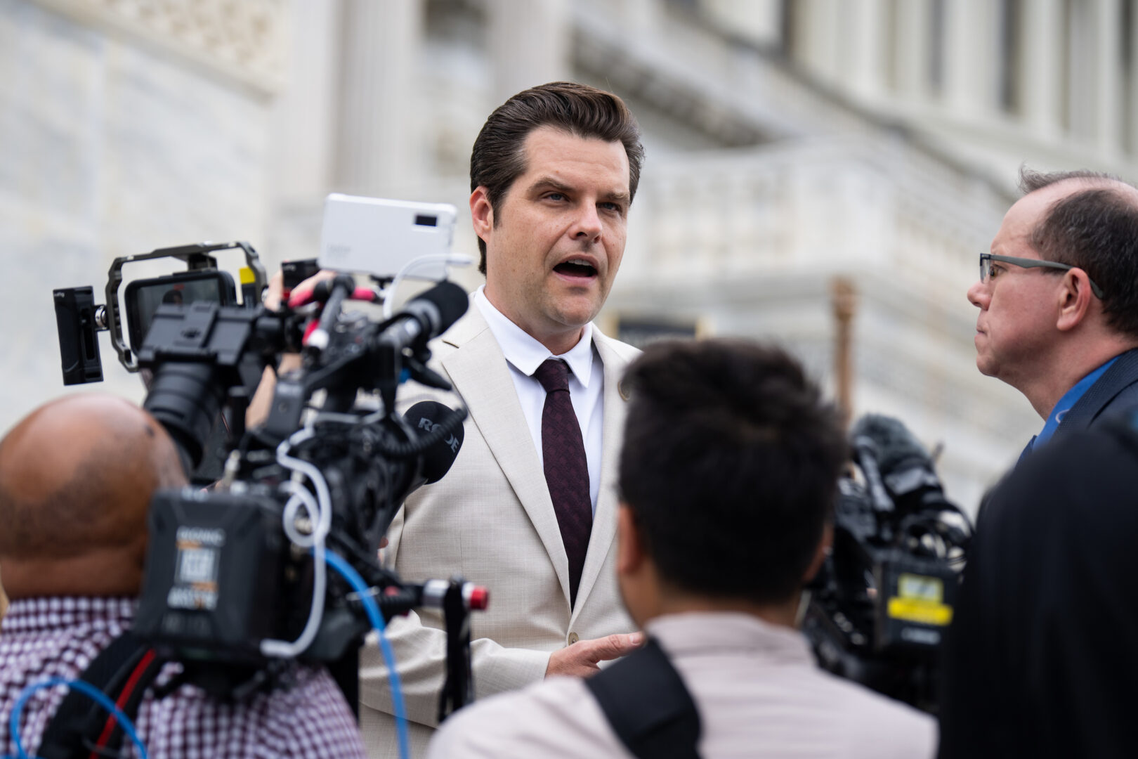 Rep. Matt Gaetz, R-Fla., speaks to reporters on the House steps of the U.S. Capitol before the last votes of the week on Wednesday, June 5, 2024. (Bill Clark/CQ Roll Call)
