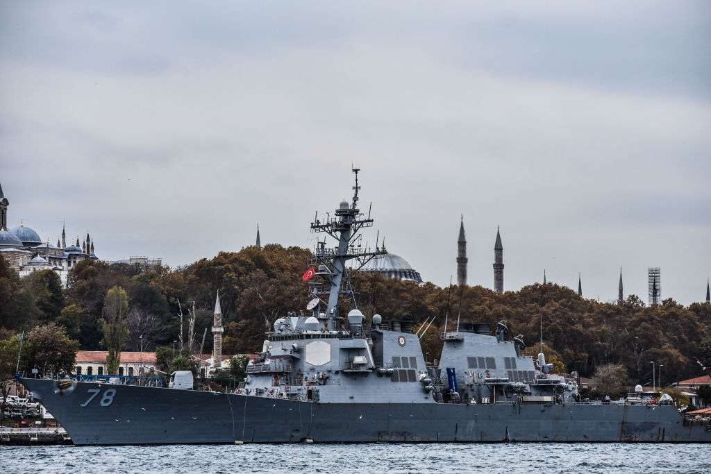 The guided-missile Navy destroyer USS Porter docks at Sarayburnu after its NATO exercise in the Black Sea in Istanbul on Nov. 18, 2021.