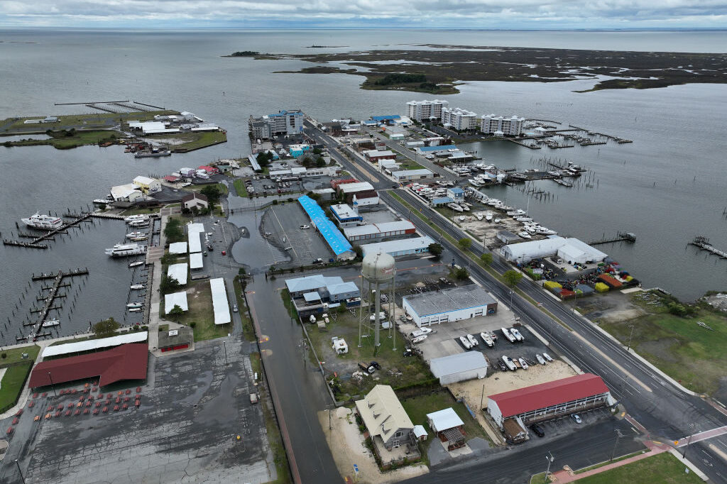 The Chesapeake Bay stretches out past the downtown area following two days of heavy rain from Tropical Storm Ophelia on September 24, 2023 in Crisfield, Md. (Chip Somodevilla/Getty Images)