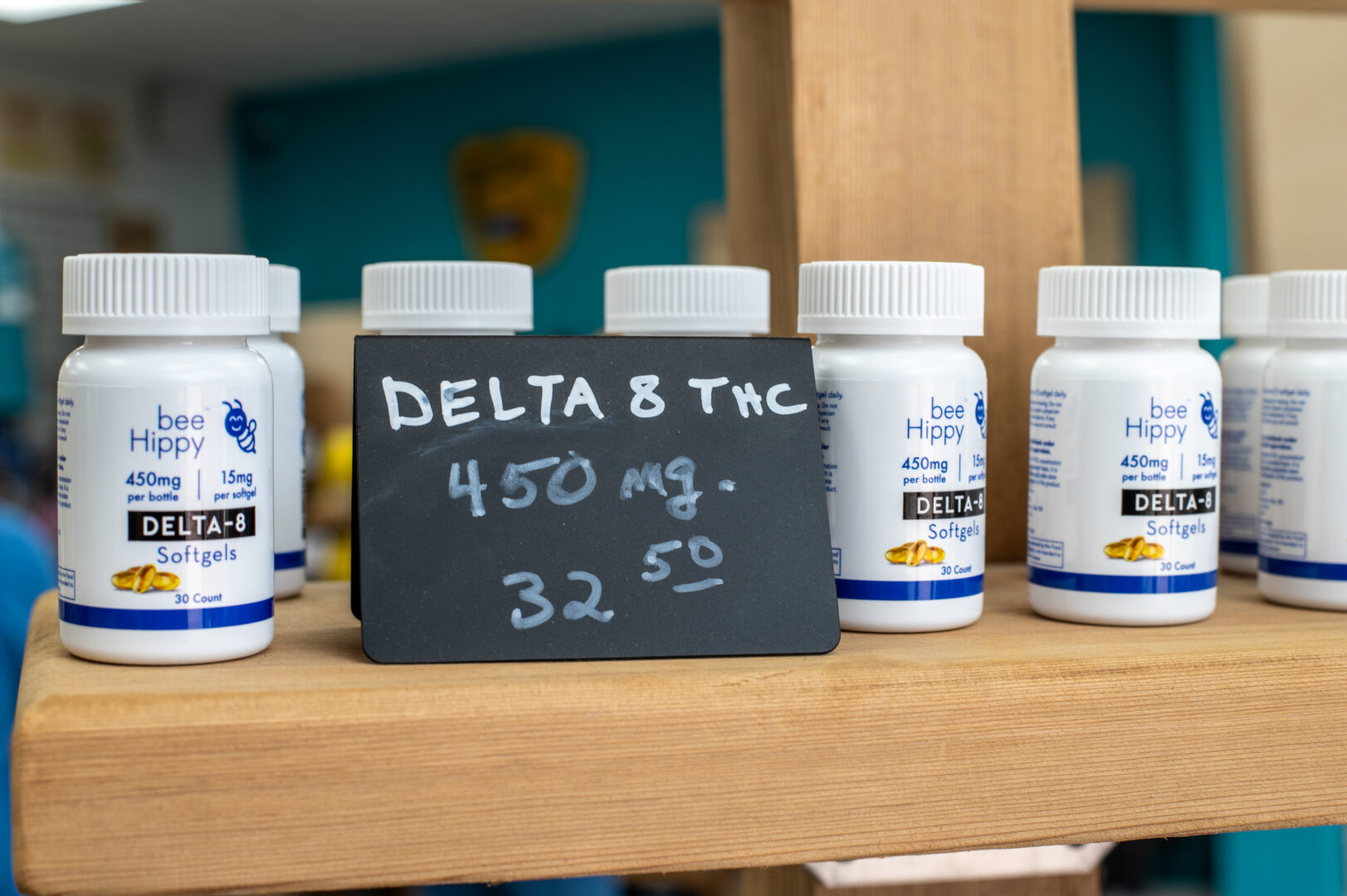 Delta-8 supplements on a shelf inside Hippy Bee Dispensary on July 22, 2023, in Garland, Texas.  