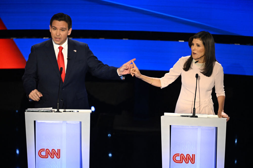 Florida Gov. Ron DeSantis, left, and former South Carolina Gov. Nikki Haley compete in the fifth Republican presidential primary debate at Drake University in Des Moines, Iowa, on Jan. 10. 