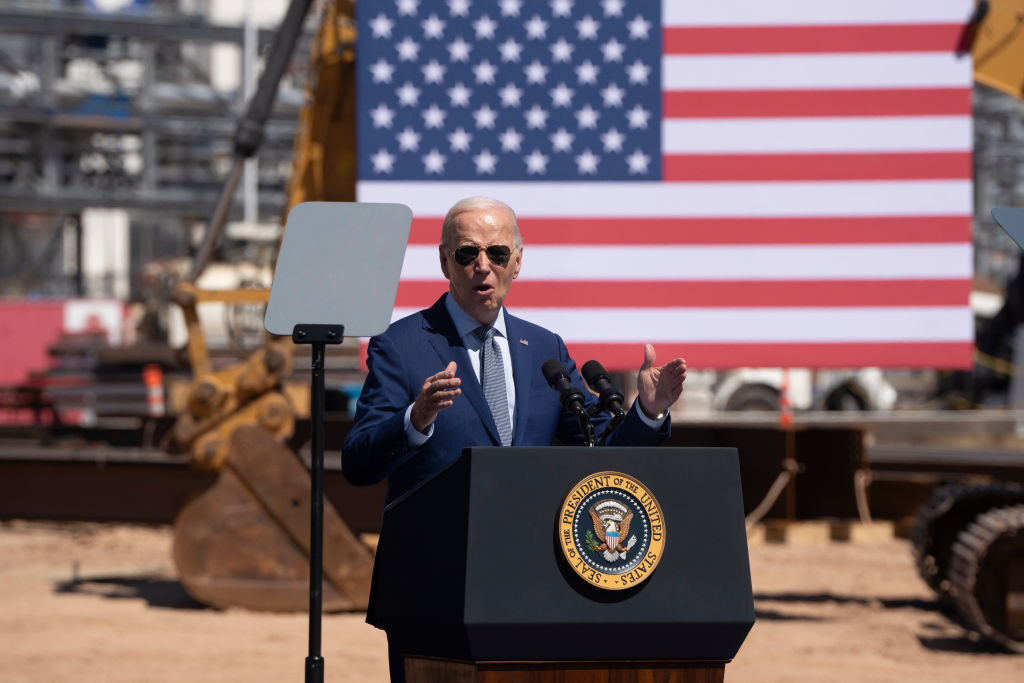 President Joe Biden gives a speech at Intel Ocotillo Campus on Wednesday in Chandler, Ariz. 