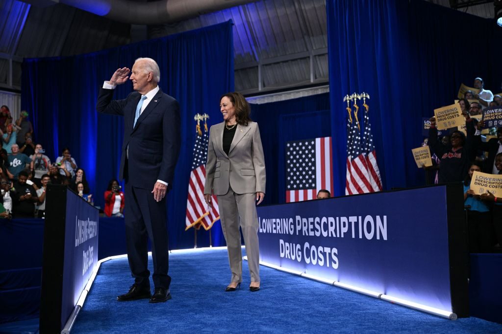 President Joe Biden and Vice President Kamala Harris, the Democratic presidential nominee, arrive at an event Thursday at Prince George's Community College in Largo, Md. (Brendan Smialowski/AFP via Getty Images)