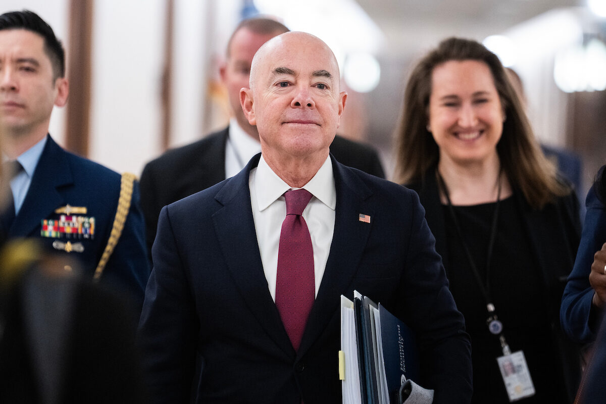 DHS Secretary Alejandro Mayorkas arrives to testify on Capitol Hill on Oct. 31. (Tom Williams/CQ Roll Call)