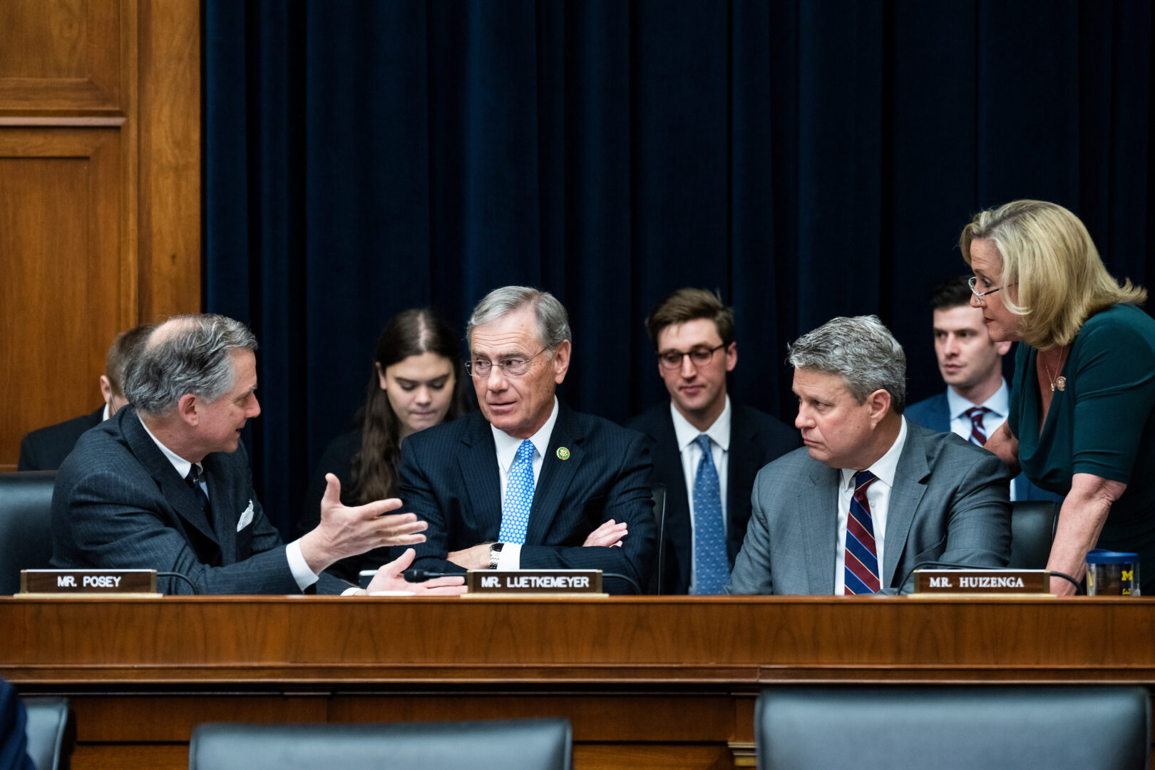 Reps. French Hill, R-Ark., left, and Blaine Luetkemeyer, R-Mo., center, are seen as favorites to become the top Republican on the House Financial Services Committee. Rep. Bill Huizenga, R-Mich., second from right, is also seen as a contender.  