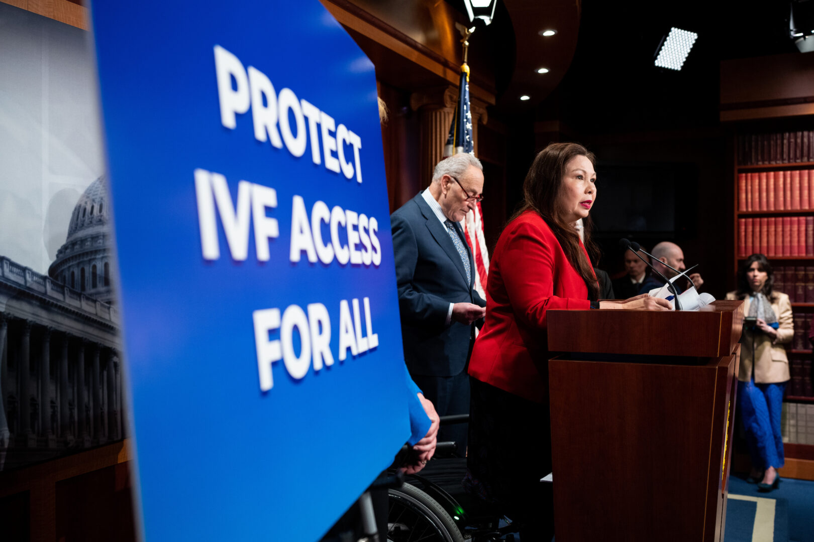 Sen. Tammy Duckworth speaks Tuesday during Senate Democrats’ news conference in the Capitol to discuss the Alabama Supreme Court ruling on in vitro fertilization.