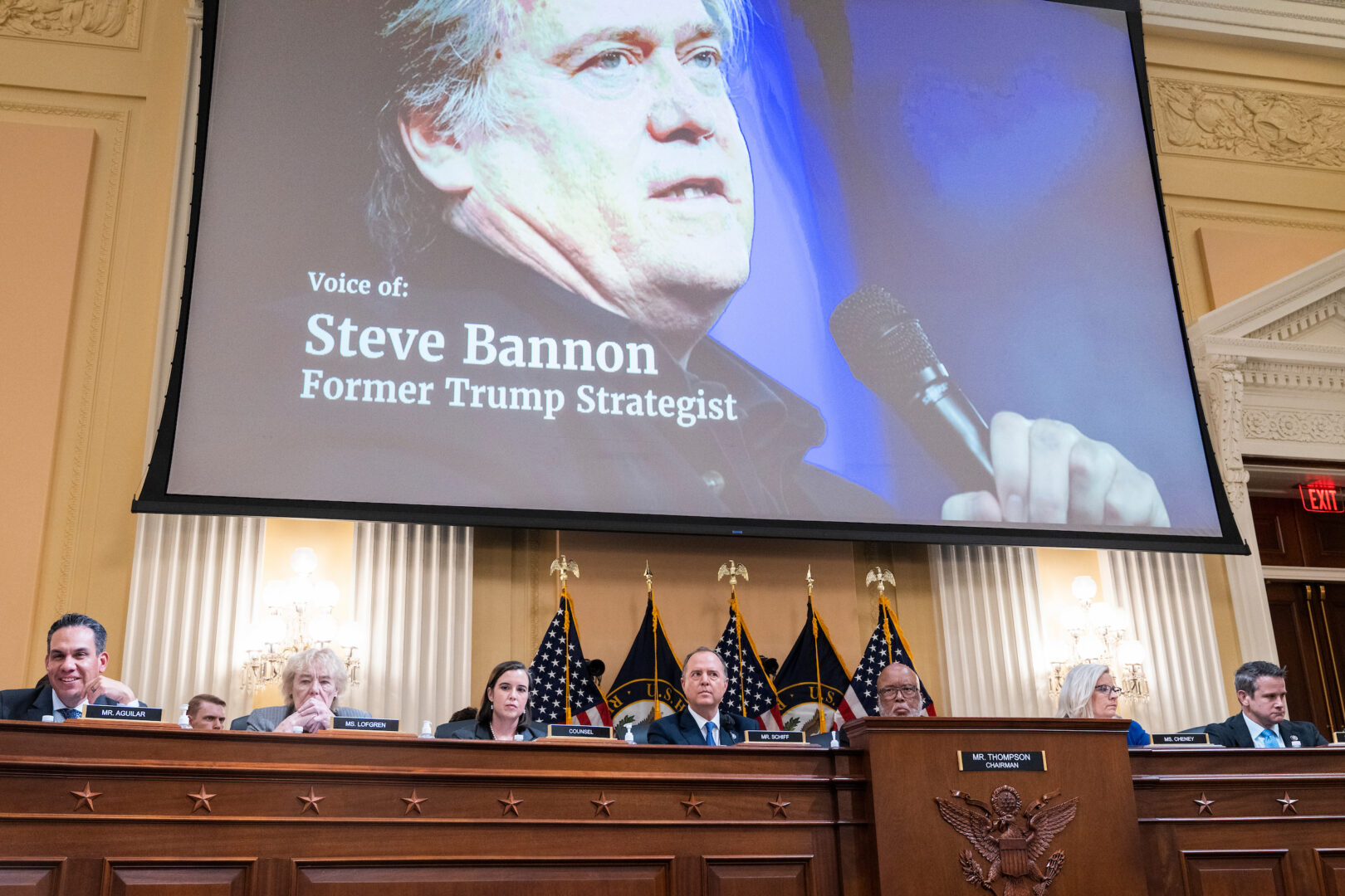 A recording of Steve Bannon is played during a Jan. 6 Committee hearing in June 2022. 