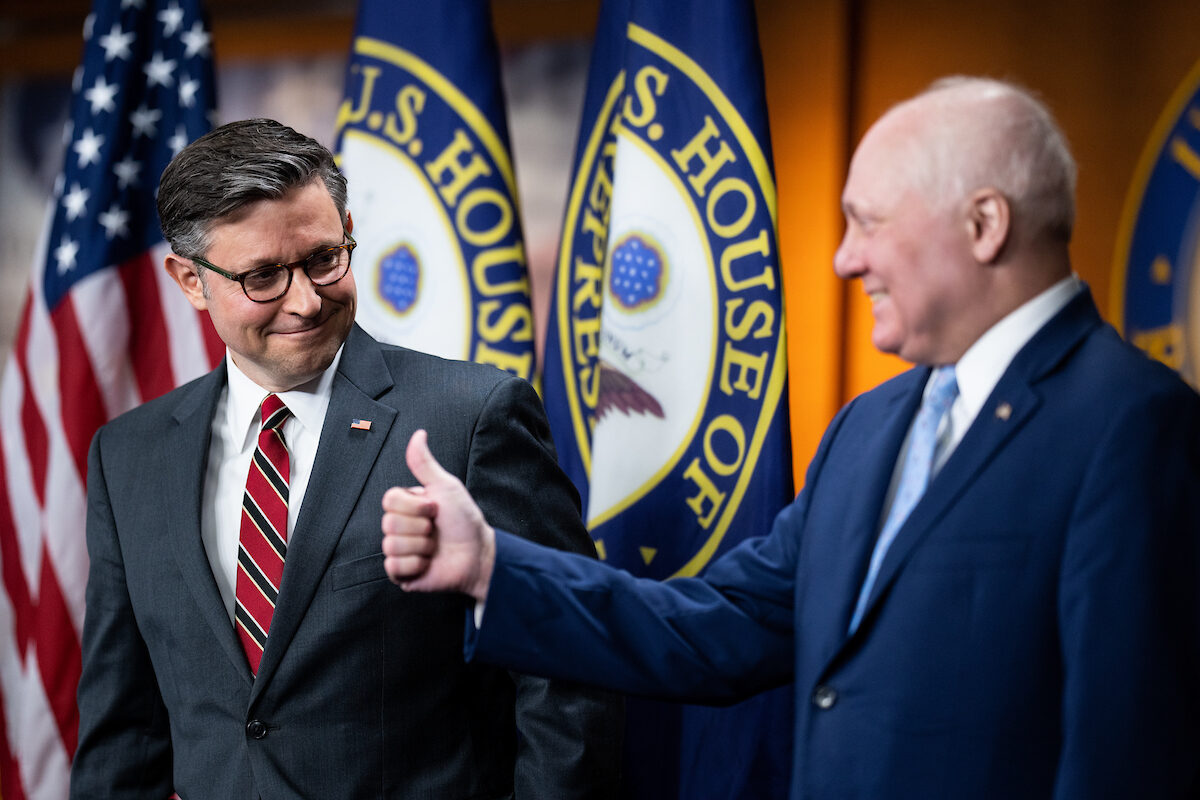 House Majority Leader Steve Scalise, R-La., gives a thumbs-up to Speaker Mike Johnson, R-La., during the House Republicans’ news conference on Wednesday.