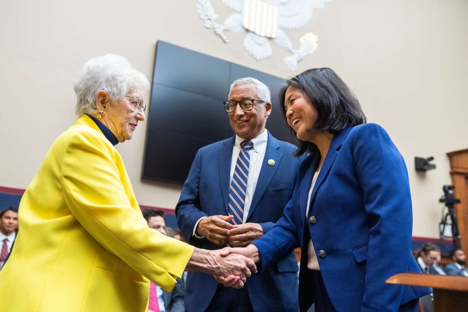 Acting Labor Secretary Julie Su, right, announced the overtime proposal Wednesday. House Education and the Workforce Chairwoman Virginia Foxx, R-N.C., left, criticized the move while ranking member Rep. Robert C. Scott, D-Va., center, praised it. 