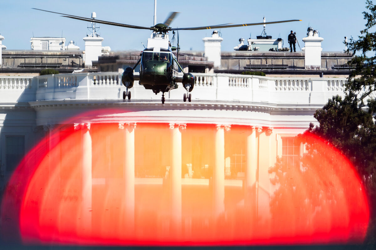 Marine One takes off from the South Lawn of the White House. 