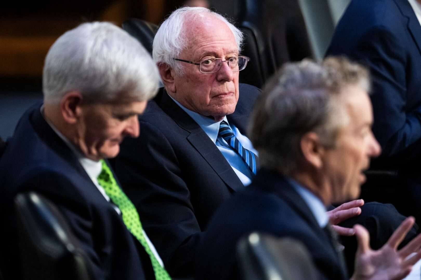 Sen. Rand Paul, R-Ky., right, Chairman  Bernie Sanders, I-Vt., center, and ranking member Sen. Bill Cassidy, R-La., are seen during a Senate Health, Education, Labor and Pensions Committee hearing in March. Sanders and Cassidy this week announced a May 2 markup of a series of bills aimed at addressing drug prices. 