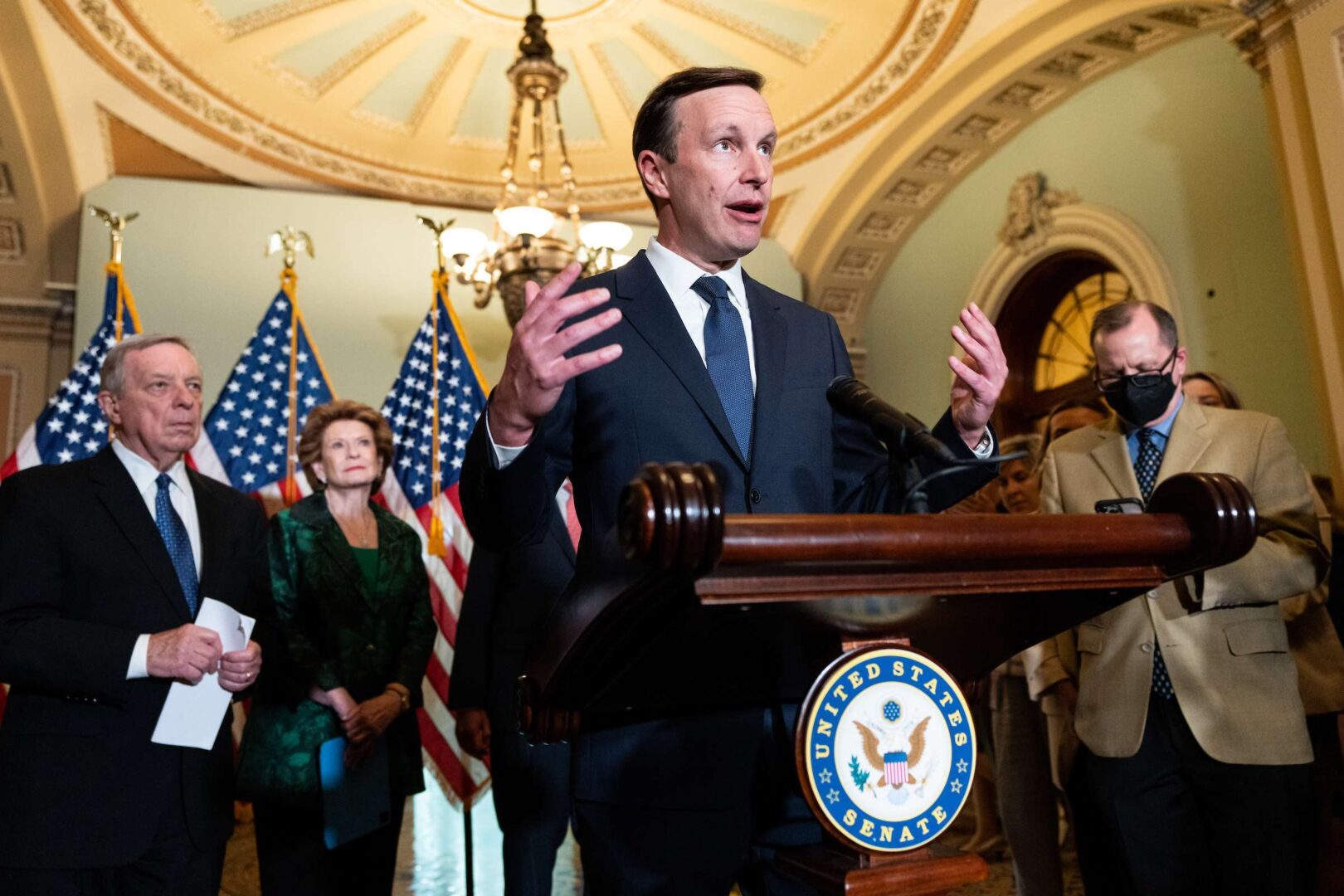 Connecticut Sen. Christopher S. Murphy speaks about gun violence legislation negotiations during the Senate Democrats’ news conference on June 7. Murphy says he's worried about gun homicides being conflated unfairly with mental illness.