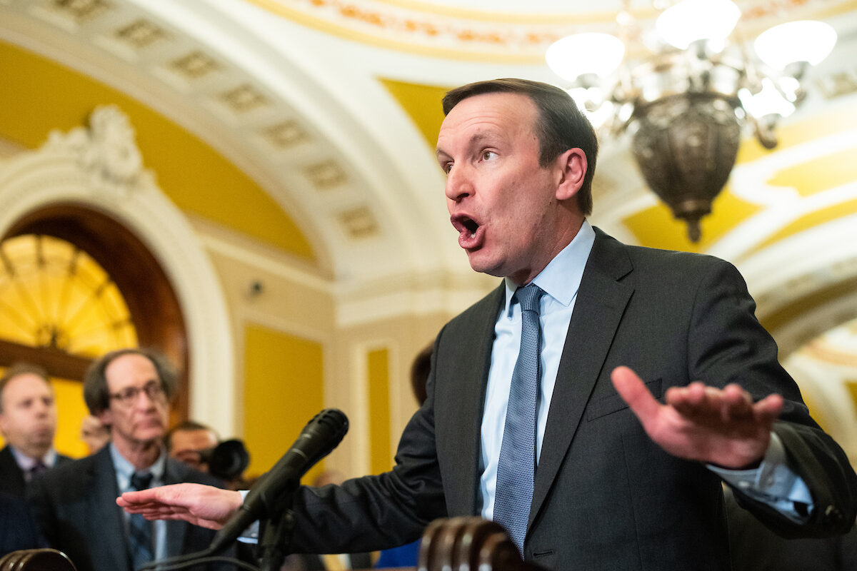 Sen. Christopher S. Murphy, D-Conn., speaks about Republicans abandoning the bipartisan border deal during the Senate Democrats’ press conference in the Capitol on Tuesday.