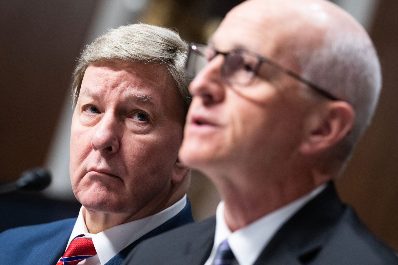 House Armed Services Chairman Mike D. Rogers, left, and ranking member Adam Smith attend the House and Senate committee markup of the National Defense Authorization Act for fiscal 2024 in the Dirksen Building on Nov. 29.