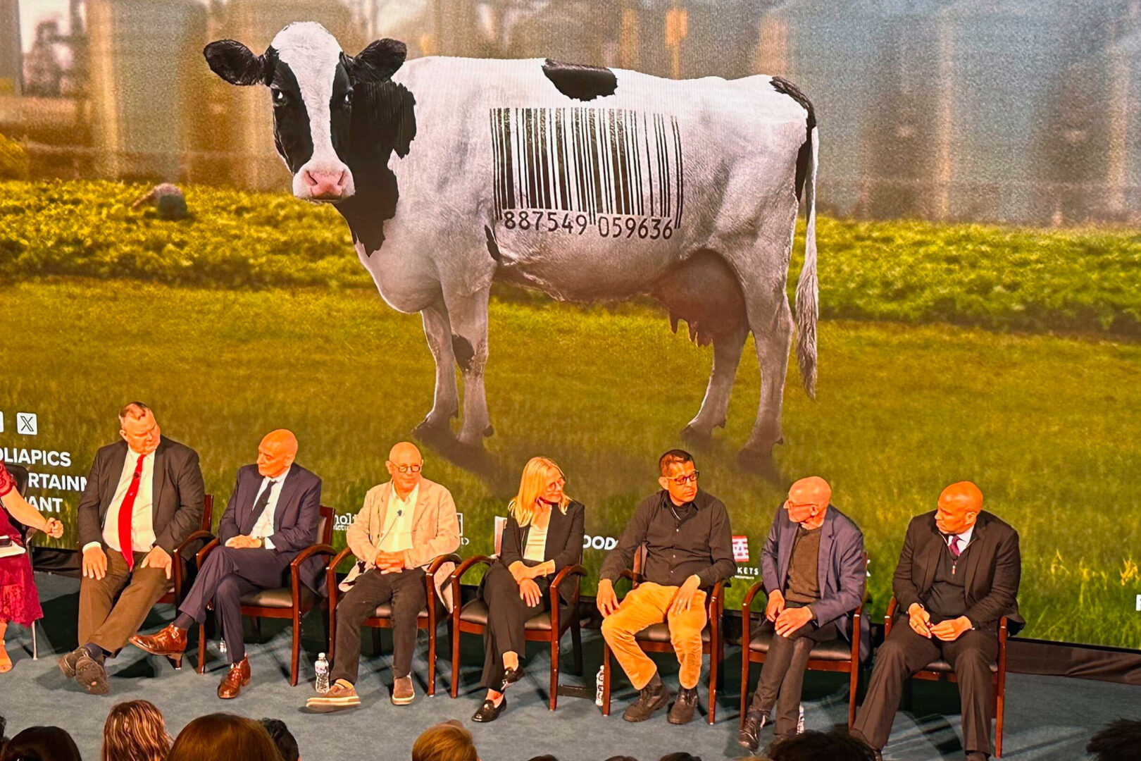 From left, Montana Democratic Sen. Jon Tester, author Eric Schlosser and filmmakers Robert Kenner and Melissa Robledo discuss “Food, Inc. 2” after a screening of the film at the Burke Theater in Washington on April 9.