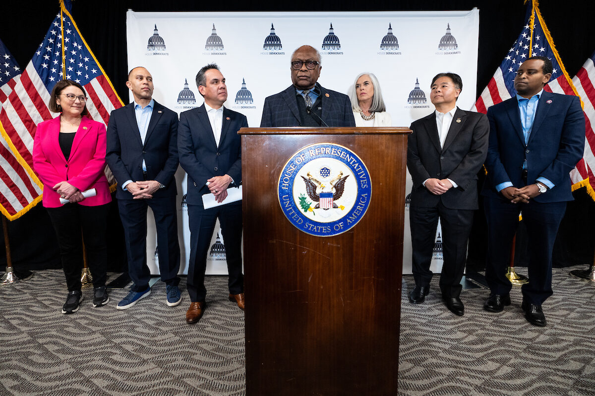 Rep. James E. Clyburn speaks during the opening news conference of House Democrats’ 2024 issues retreat in Leesburg, Va., on Feb. 7.  Clyburn announced Wednesday that he is stepping down from his leadership position.