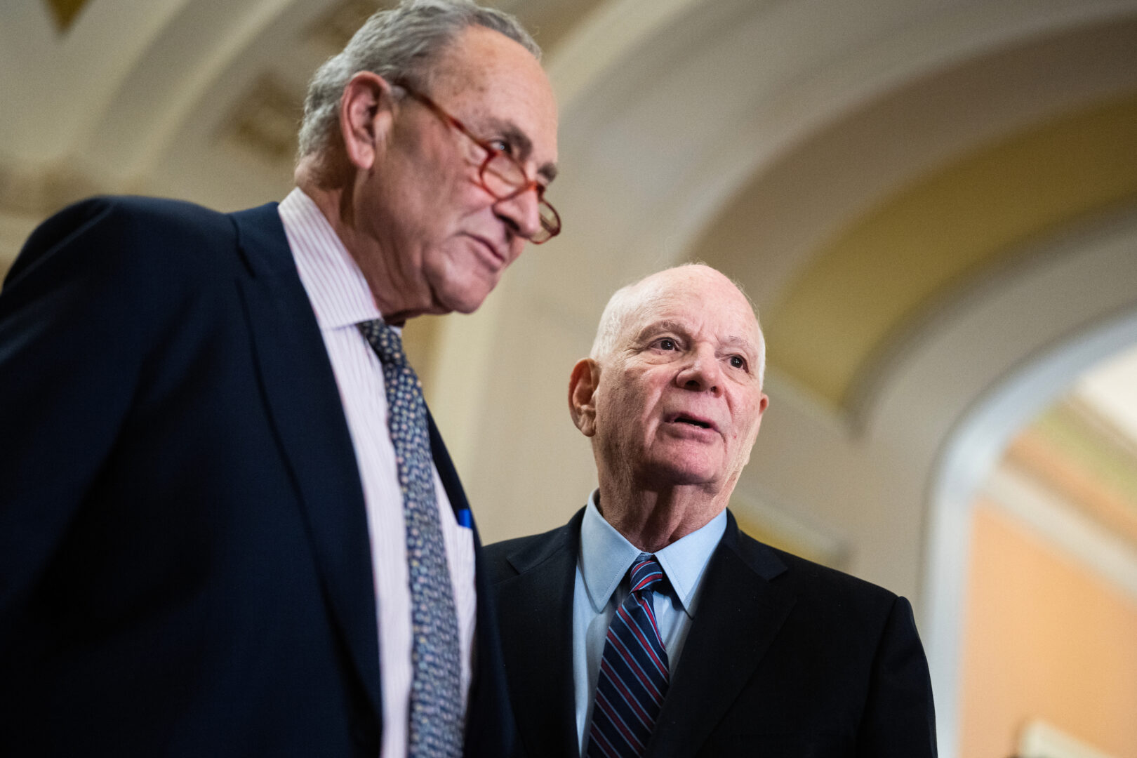 Sen. Benjamin L. Cardin, D-Md., right, shown with Senate Majority Leader Charles E. Schumer, D-N.Y., said he is part of an effort to determine whether there is enough Senate support for the tax break bill.