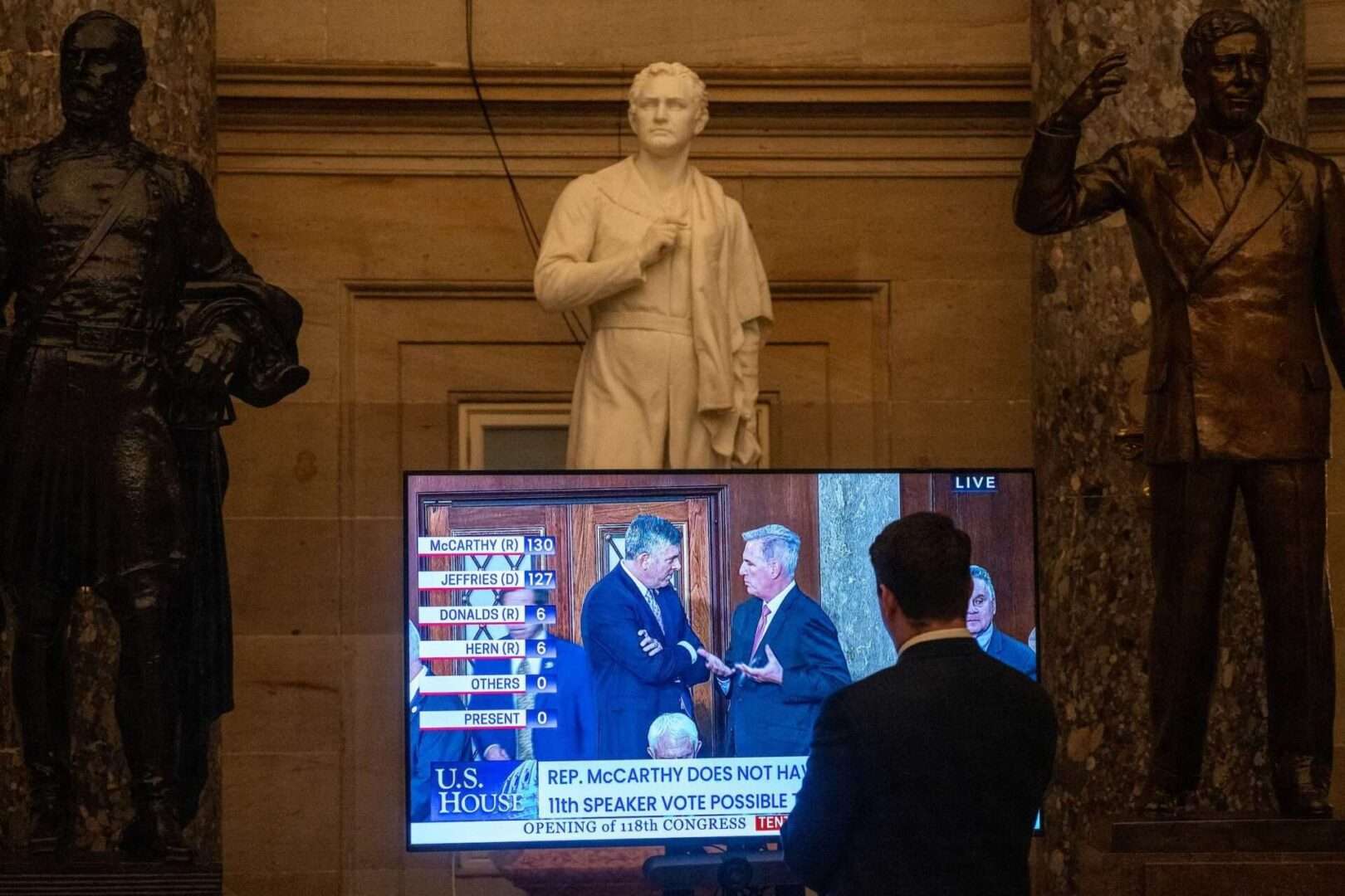 A staffer watches C-SPAN on a television monitor in Statuary Hall during the 10th attempt in the House to elect a speaker in the Capitol on Thursday.