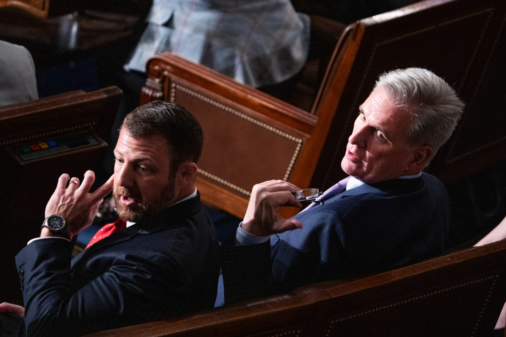 Sen. Markwayne Mullin started his career in Congress on the House side and remains close to Rep. Kevin McCarthy. Here, the pair are seen on the House floor on Oct. 18. 