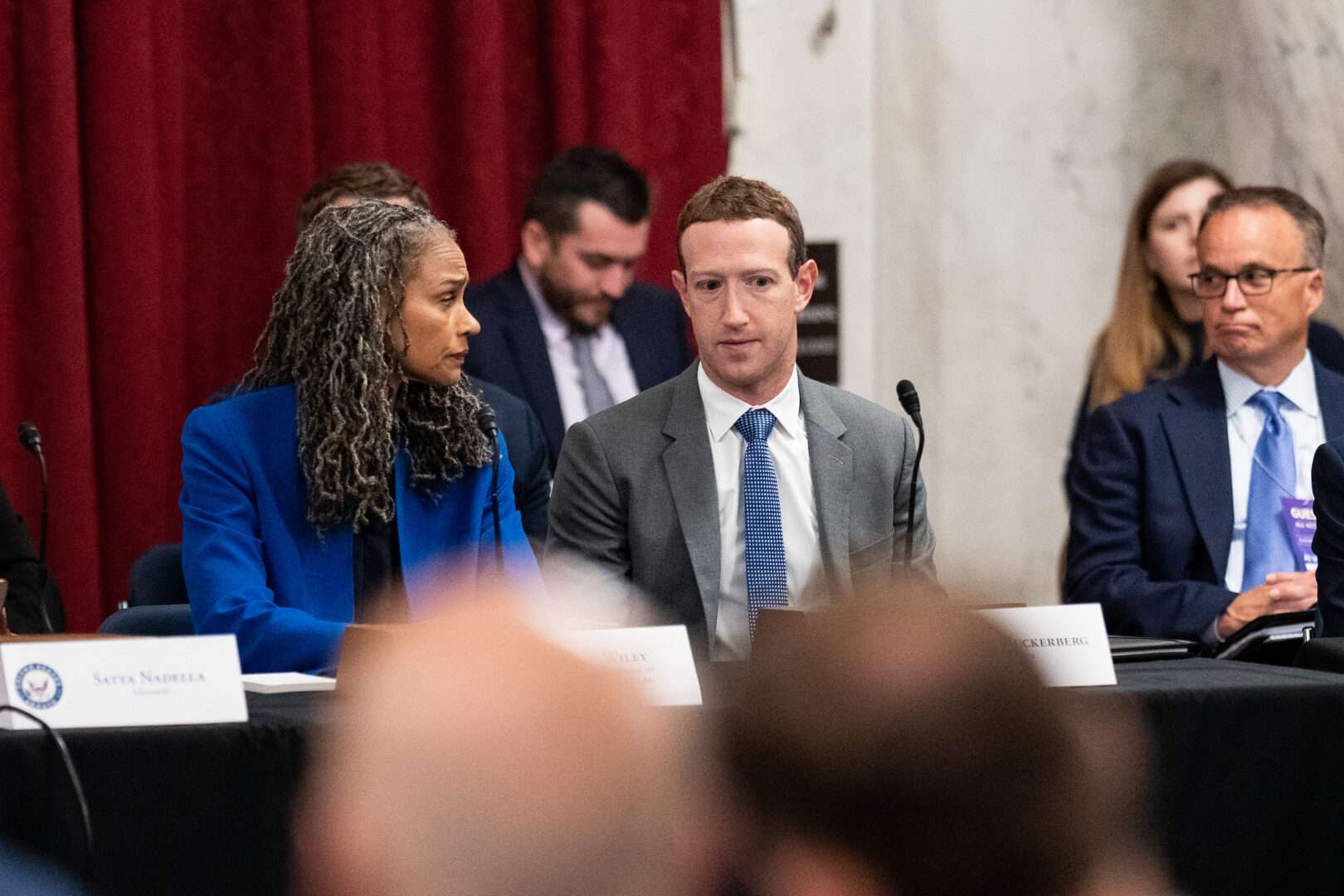 Maya Wiley, president and CEO of  the Leadership Conference on Civil and Human Rights, and Meta CEO Mark Zuckerberg participate in the “AI Insight Forum” in the Kennedy Caucus Room in the Russell Senate Office Building on Sept. 13.